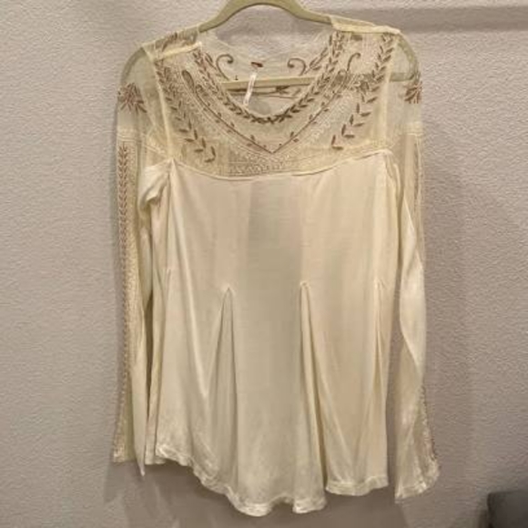 Free People Romantic Jojo Tee Mixed Media Mesh Lace Inset Long Sleeve Top - Picture 2 of 7
